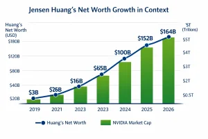 Line chart showing Jensen Huang's net worth growth vs NVIDIA market cap from 2019 to 2026