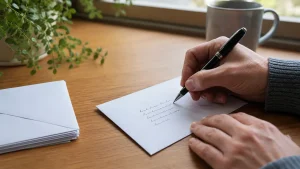 Close-up of a person carefully writing address lines on a UK letter envelope.