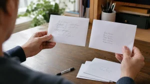 Person comparing an envelope with messy handwriting to a neatly addressed envelope.